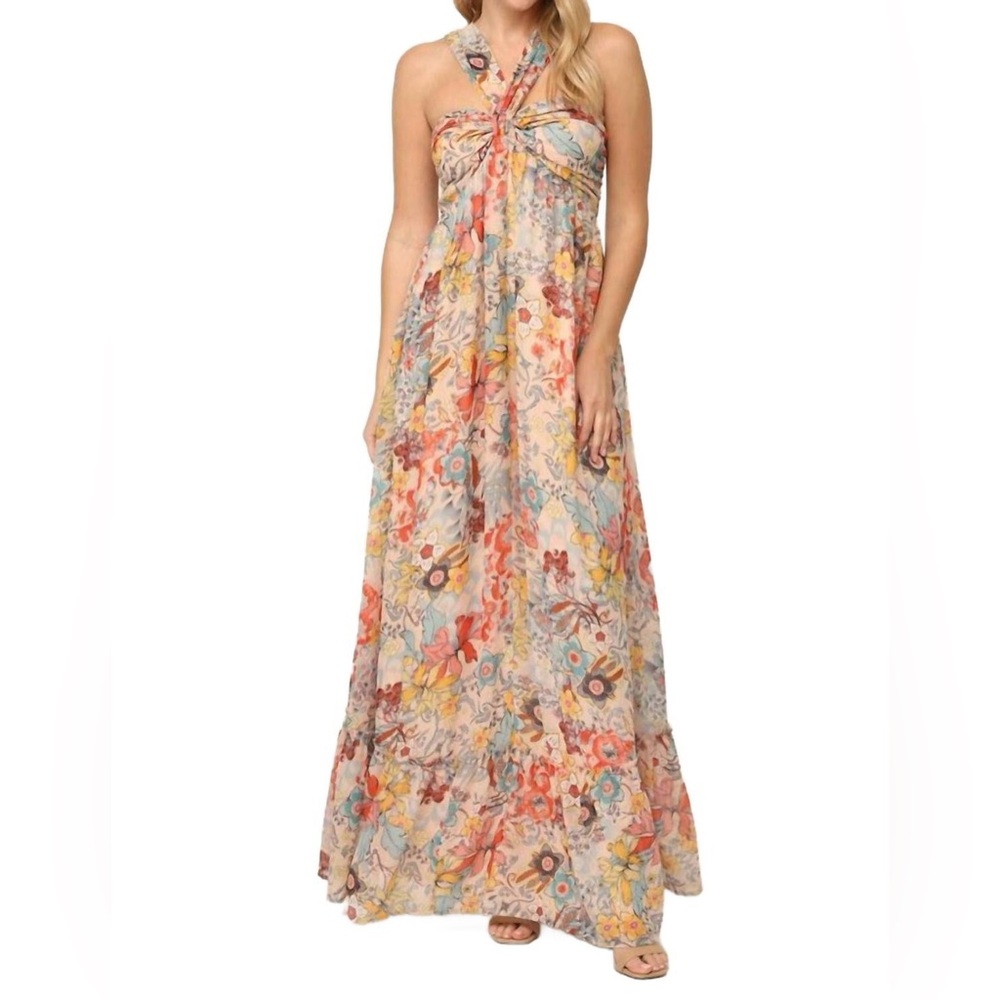 Empire Waist Line Halter Neck Maxi Dress in Floral Multi Color